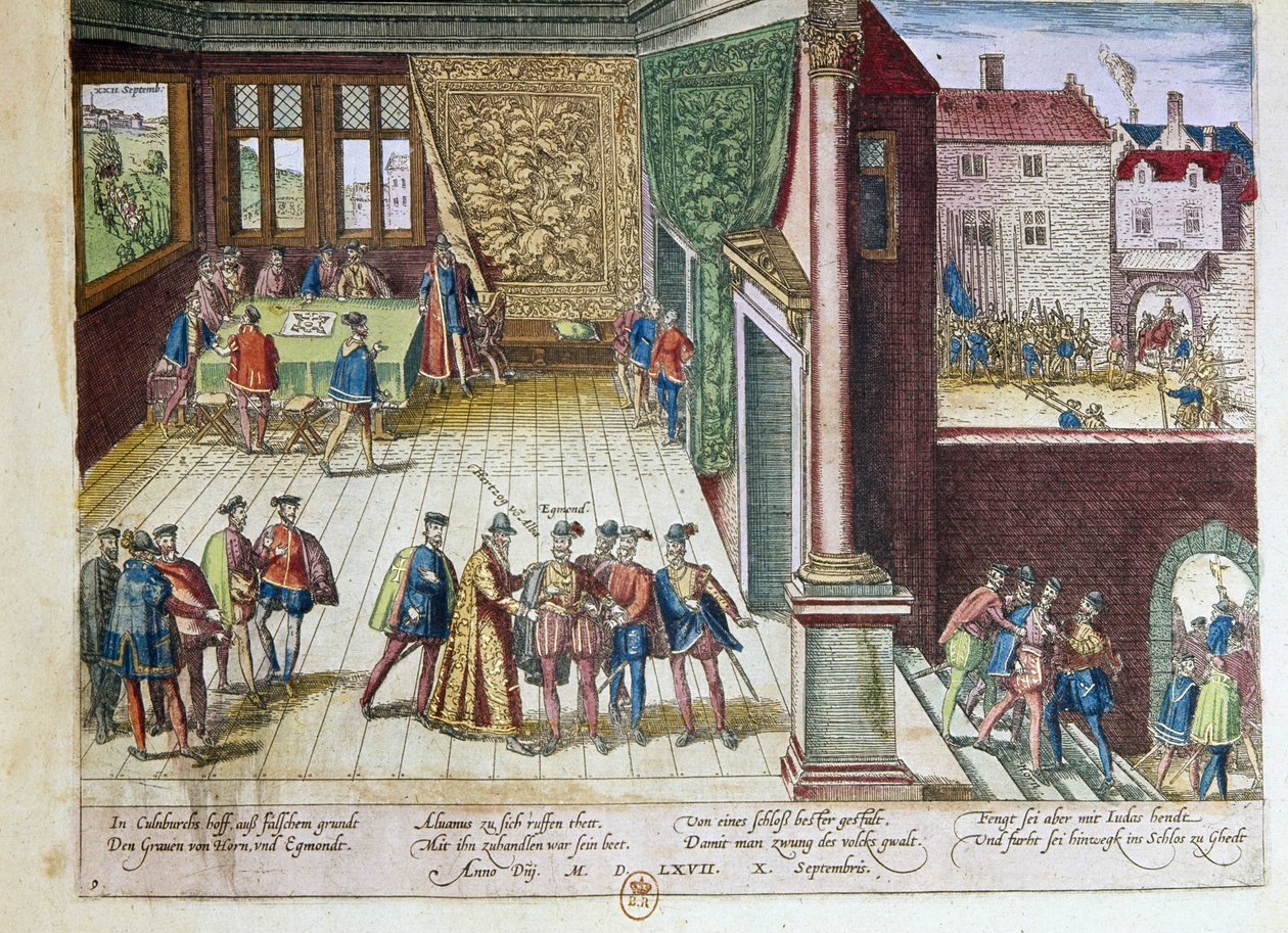 Arrestatie van Lamoral, graaf van Egmont (1522-1568) en Filips van Montmorency (1524-1568), graaf van Hornes (Hoorn) voor hun standpunt tegen koning Filips II van Spanje (1527-1598). Ze zullen worden geëxecuteerd in 1568 (rechtsboven) 1653 door Franz Hogenberg