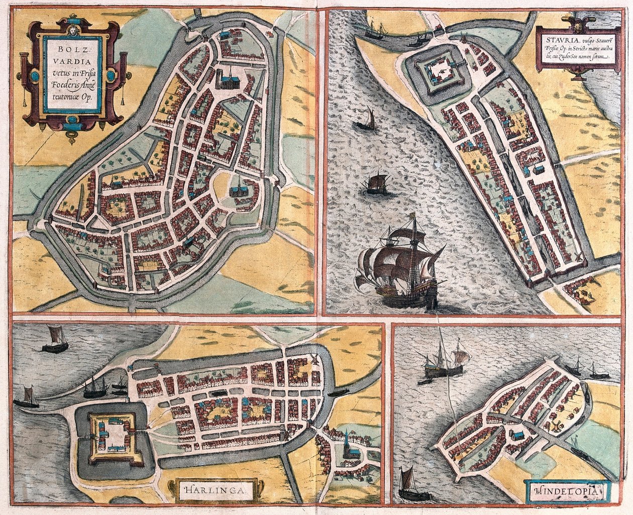 Bolsward, Stavoren, Harlingen en Hindeloopen, Nederland (gravure) door Franz Hogenberg