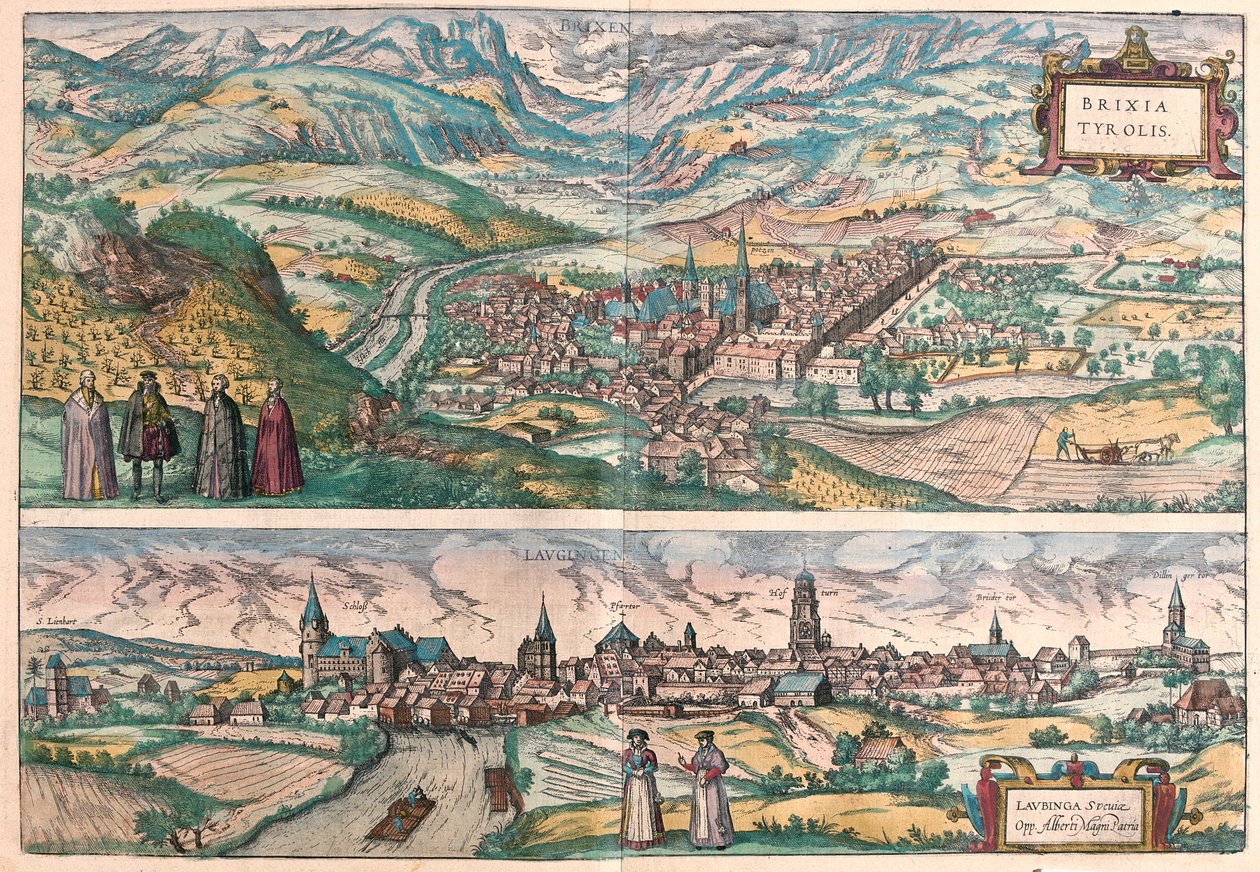Brixen (Bressanone), Italië en Lauingen, Donau, Duitsland (gravure) door Franz Hogenberg