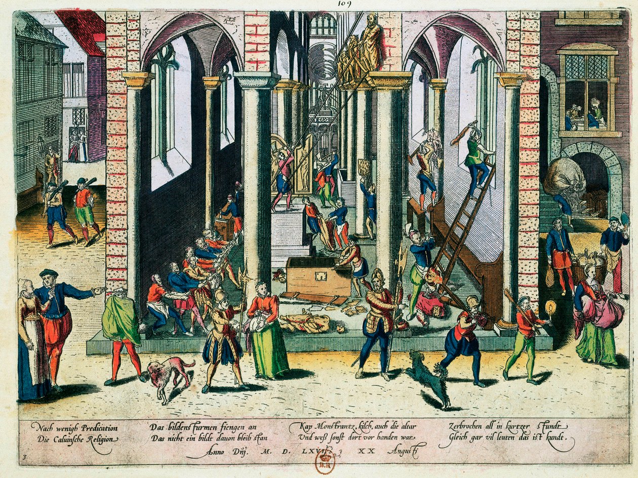 Vernietiging van relikwieën en beelden in kerken, april 1566 (gekleurde gravure) door Franz Hogenberg