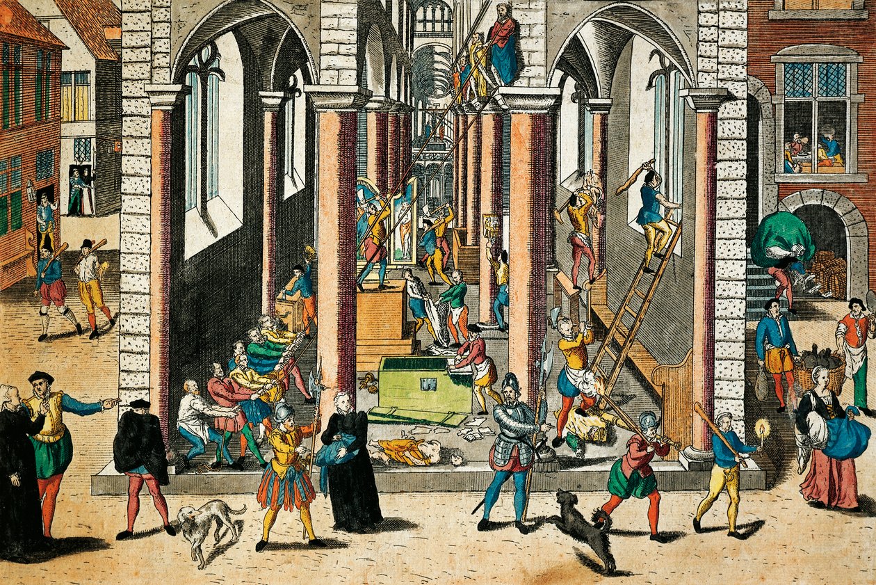 Vernietiging van relikwieën en beelden in kerken, april 1566, gravure door Franz Hogenberg, Godsdienstoorlogen, Frankrijk door Franz Hogenberg