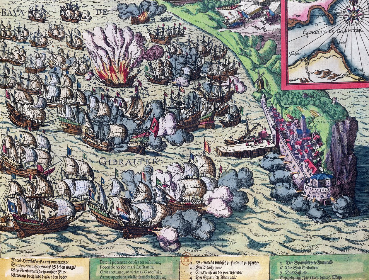 Gevecht voor de Kust van Gibraltar, gedrukt op 25 mei 1607 door Franz Hogenberg