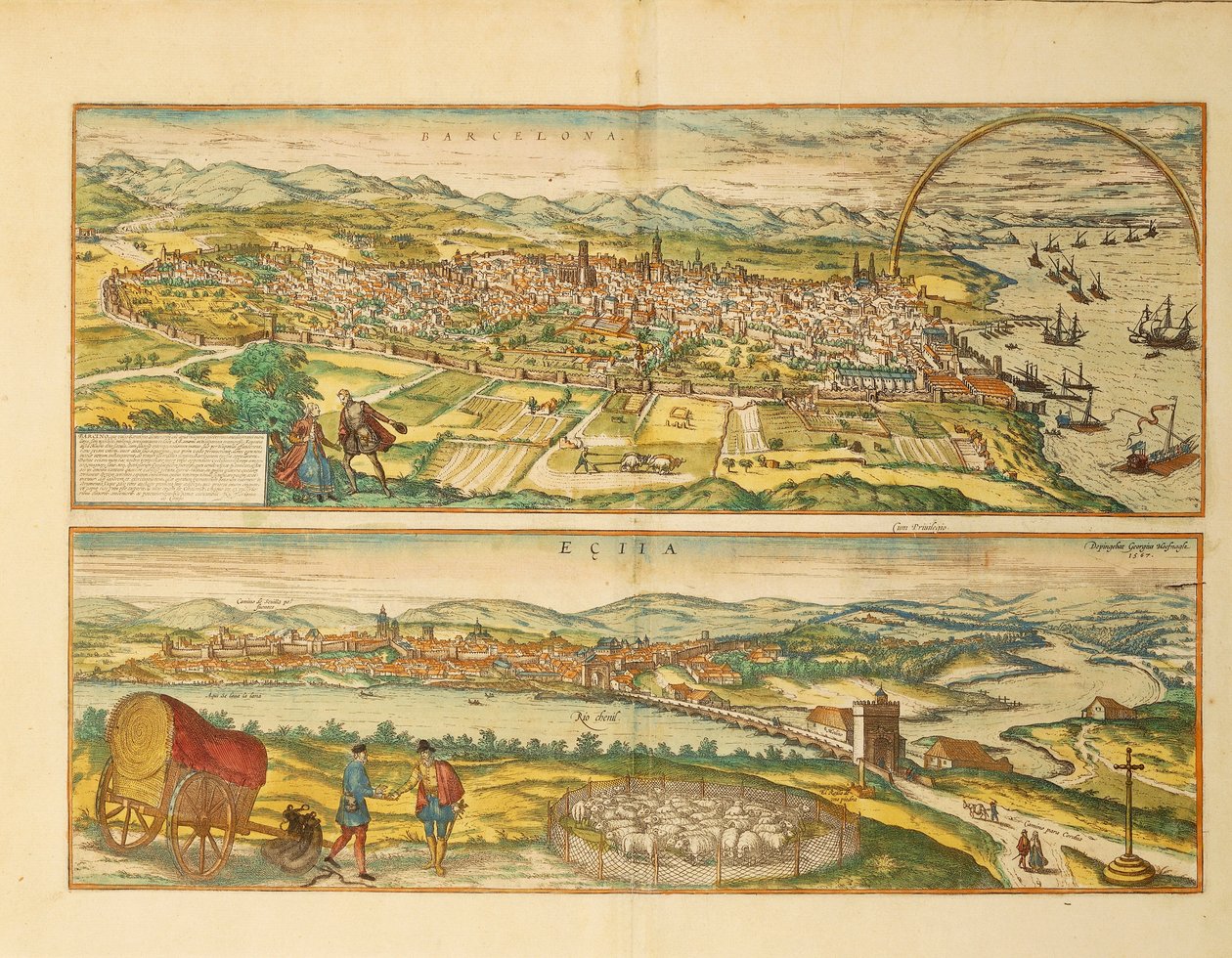 Kaart van Barcelona en Ecija uit Civitates Orbis Terrarum door Georg Braun door Franz Hogenberg