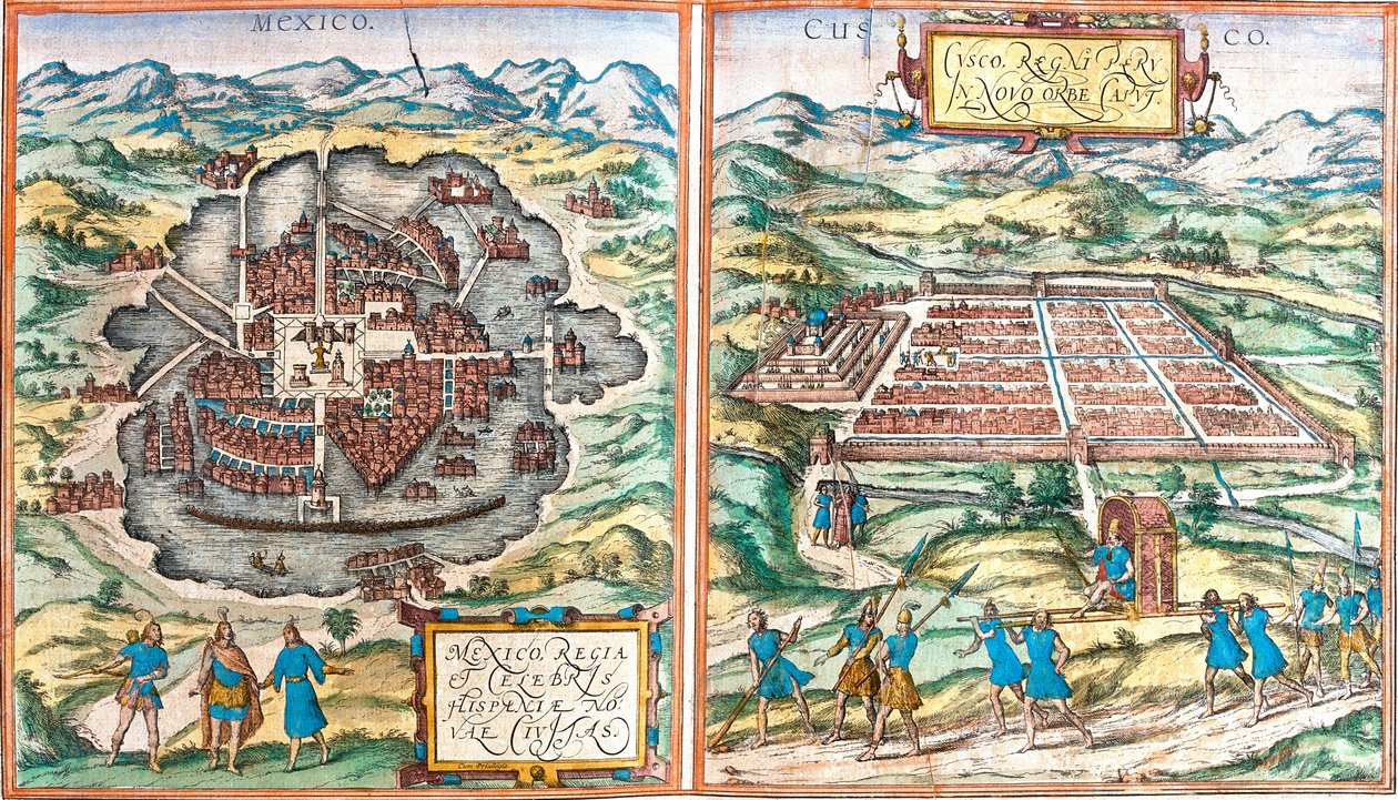 Kaart van Mexico en Cuzco, Peru (ets) door Franz Hogenberg