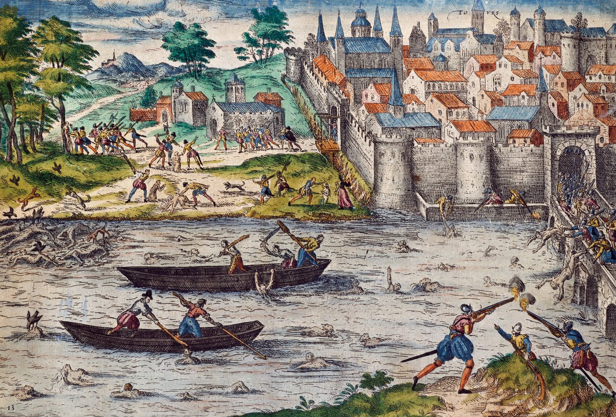 Bloedbaden van Tours, juli 1562 tijdens de Godsdienstoorlogen tegen de Hugenoten, gravure door Franz Hogenberg, Frankrijk door Franz Hogenberg