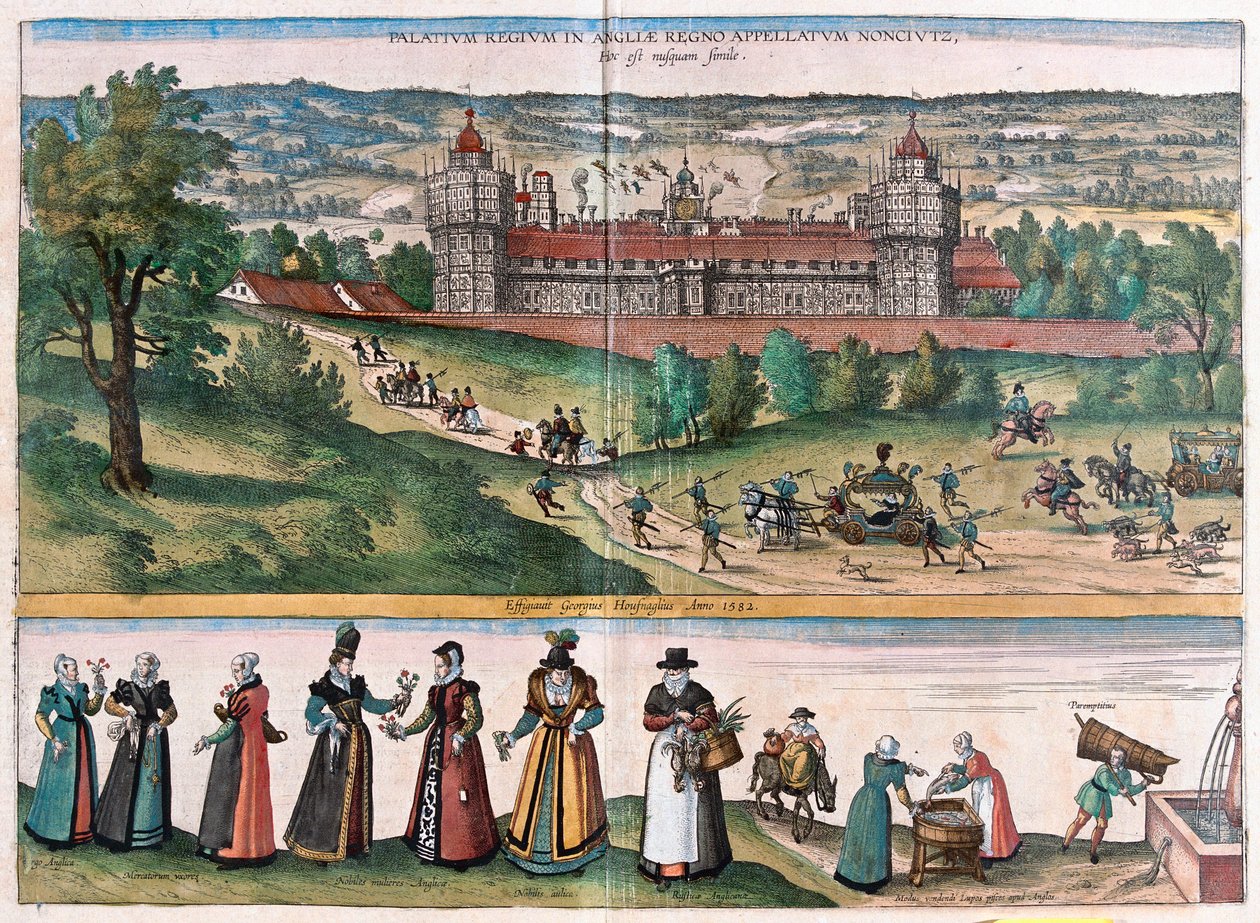 Paleis van Sans-Elike, Surrey, Engeland (gravure) door Franz Hogenberg