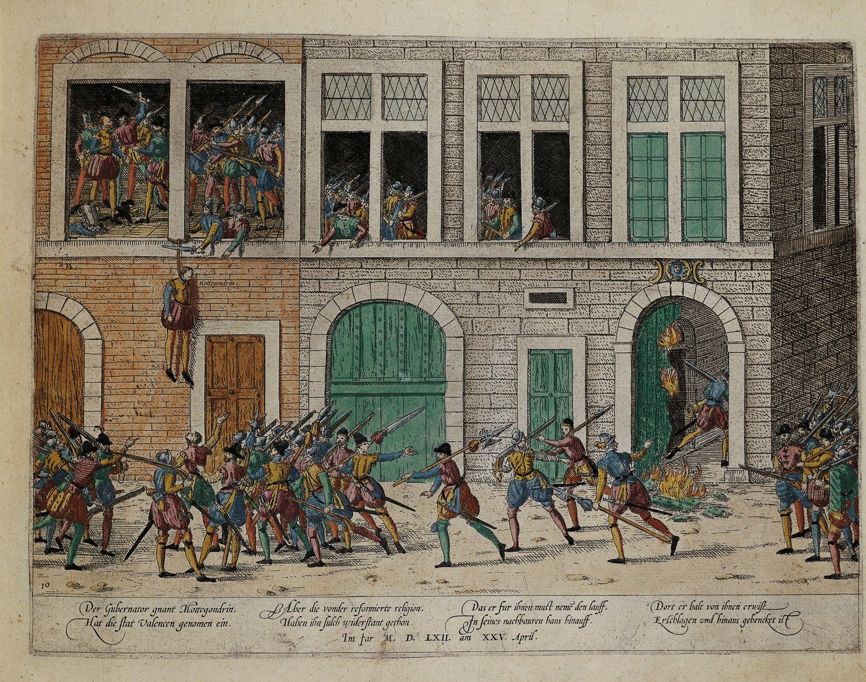 Inname van Valence na ophanging van gouverneur La Motte-Gondrin, 25 april door Franz Hogenberg