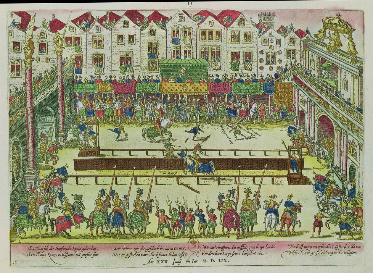 Toernooi waarbij Henri II (1519-59) gewond raakte door de graaf van Montgomery en tien dagen later stierf, 30 juni 1559 door Franz Hogenberg
