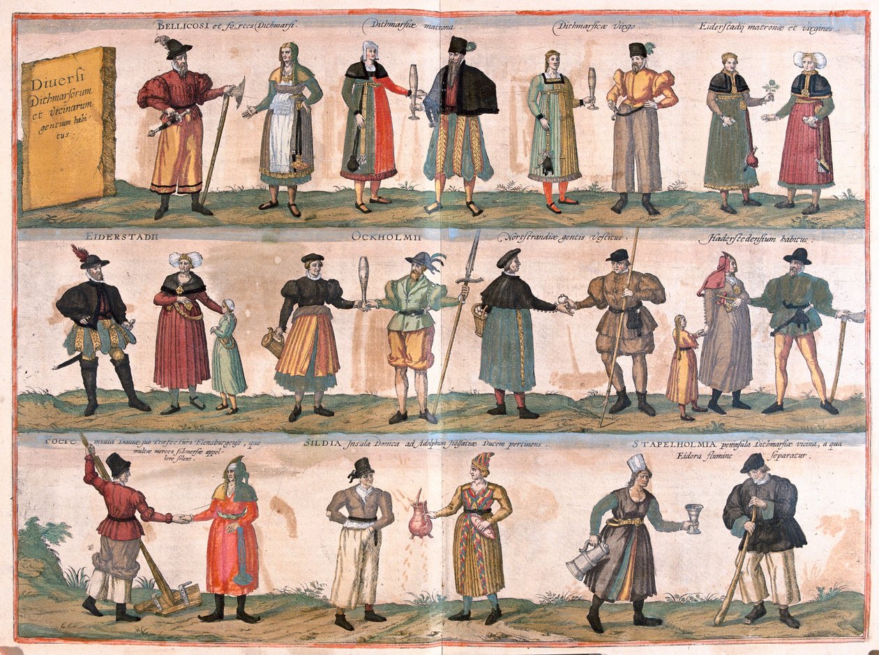 Verschillende kostuums uit Dithmarschen en omgeving, Duitsland (gravure) door Franz Hogenberg