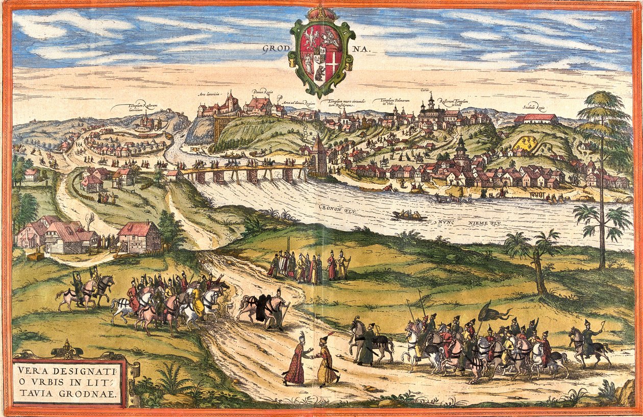 Uitzicht op Hrodna of Grodno, Wit-Rusland (ets) door Franz Hogenberg