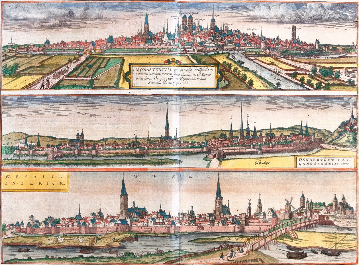 Uitzicht op Münster (Monasterium), Osnabrück (Osnabrugum) en Wesel (Weselia), Duitsland door Franz Hogenberg