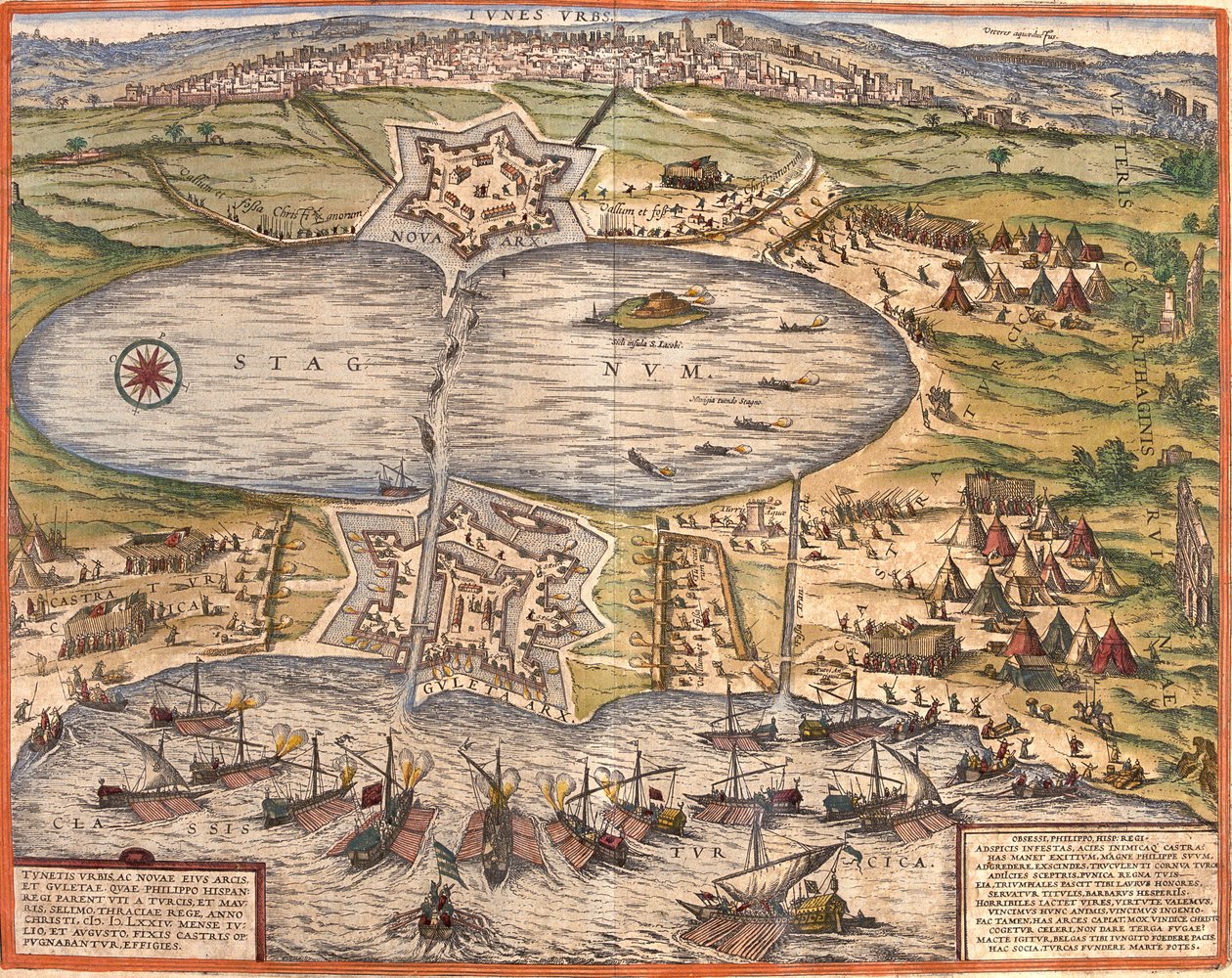 Gezicht op Tunis, Tunesië, met het fort van Goulette dat toegang tot het Meer van Tunis controleert en het nieuwe fort voor de stadsmuren door Franz Hogenberg