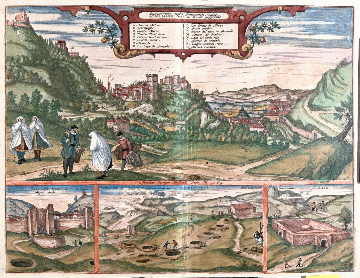 Zicht op het Alhambra met de stad Granada, Spanje: bovenaan een uitzicht op het Alhambra op de Cerro del Sol-heuvel. Linksonder de gesloten deuren van het Alhambra. In het midden de ingangen van de Masmoros-grotten. Rechtsonder een groot gebouw door Franz Hogenberg