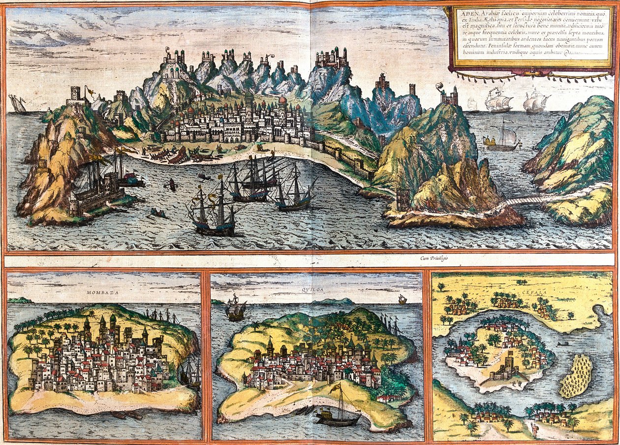 Uitzichten op Aden (Jemen), Mombasa (Mombaza) (Kenia), Kilwa Kisiwani (Quiloa) (Tanzania) en Cefala Diana (Cefala) (Sicilië, Italië) door Franz Hogenberg