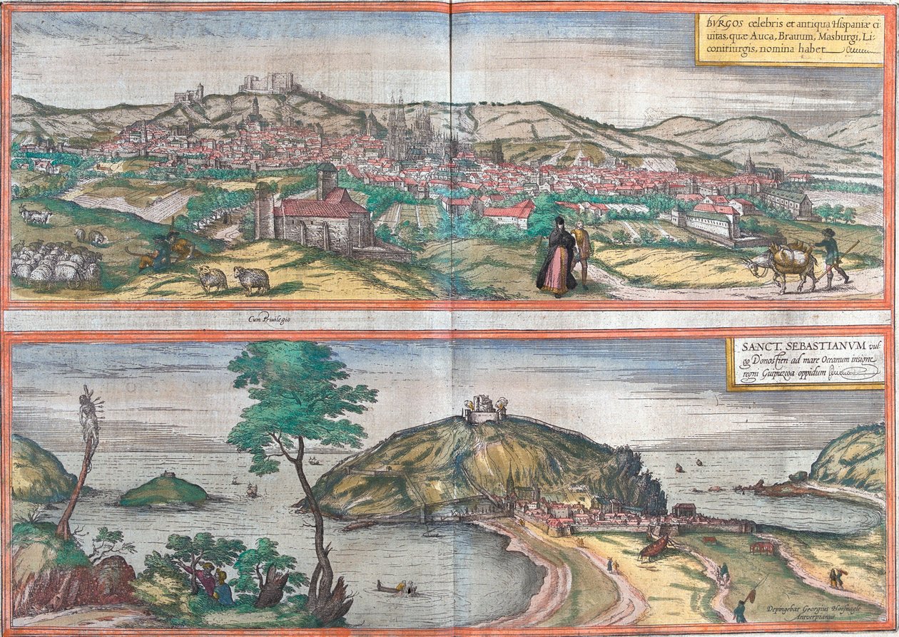 Uitzichten op Burgos en San Sebastian (of Donostia), Spanje door Franz Hogenberg