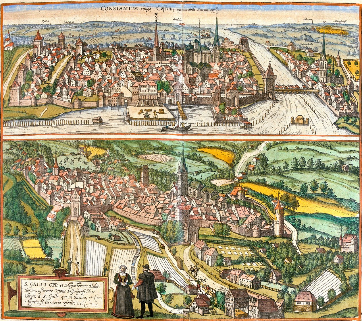Gezichten van Konstanz, Duitsland en St. Gallen, Zwitserland door Franz Hogenberg