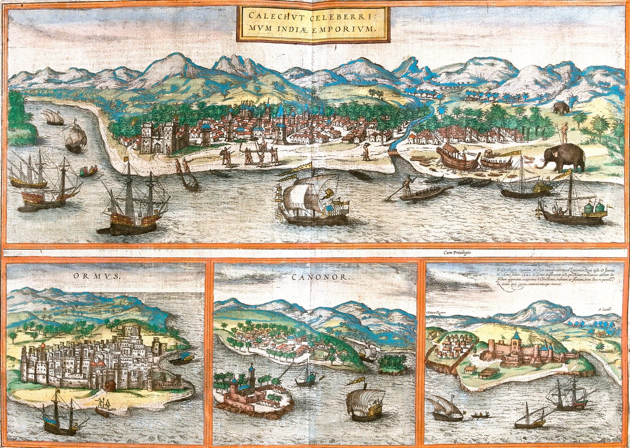 Gezichten van Kozhikode of Calicut (India), Ormuz (Iran), Cannanore of Kannur (India) en St. George van de mijn (Ghana) door Franz Hogenberg