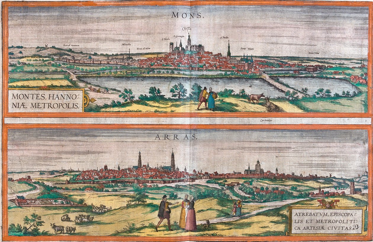 Gezichten van Mons (België) en Arras, Frankrijk (ets) door Franz Hogenberg