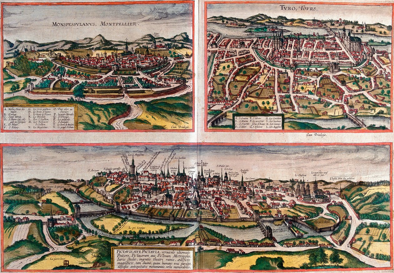 Zichten op Montpellier (Monspessulanus), Tours (Turo) en Poitiers (Pictavis), Frankrijk (ets) door Franz Hogenberg