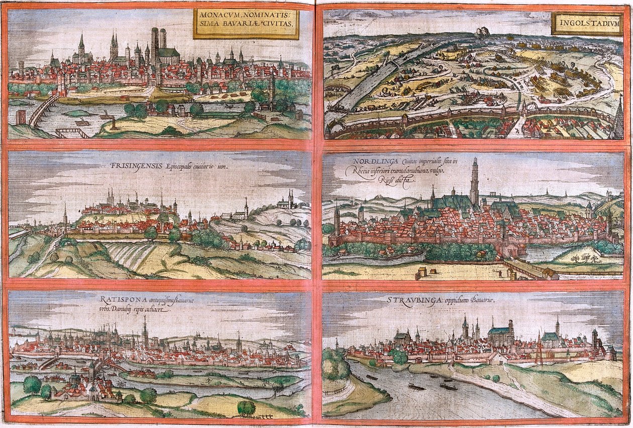 Gezichten van München (Monacum) Ingolstadt (Ingolstadium), Freising (Frisingensis), Nordlingen (Nordlinga), Regensburg (Ratispona) en Straubing (Stravbinga), Duitsland door Franz Hogenberg