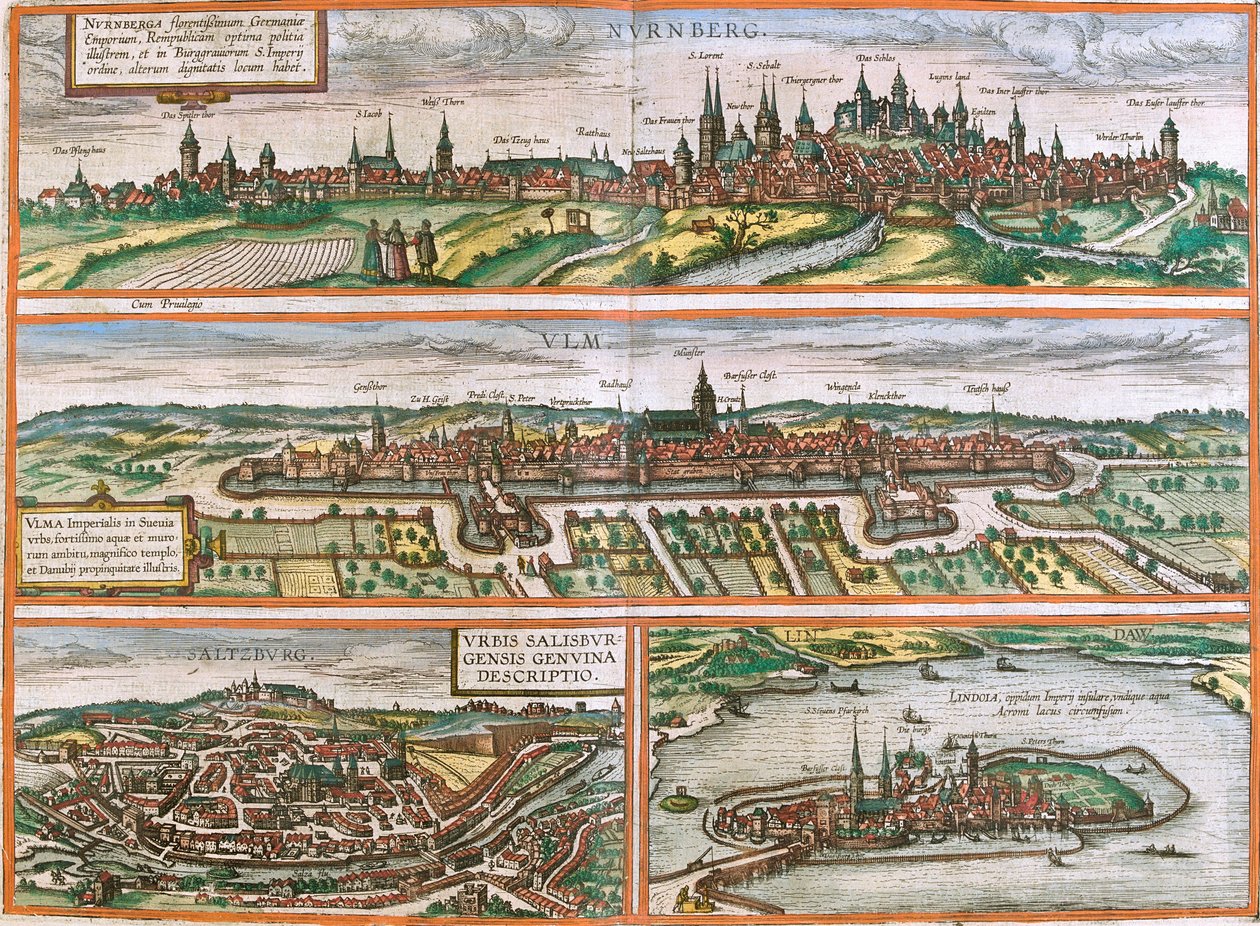 Gezichten van Neurenberg (Nurnberga), Ulm (Ulma), Lindau (Lindola), Duitsland en Salzburg (Salisburgensis) in Oostenrijk door Franz Hogenberg