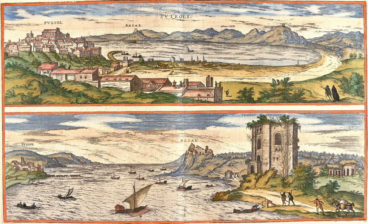 Uitzichten op Pozzoli (Puteoli) en Baiae (het huidige Baia), Italië, met de oude resten van de thermale baden van de Golf van Napels en een fort door Franz Hogenberg