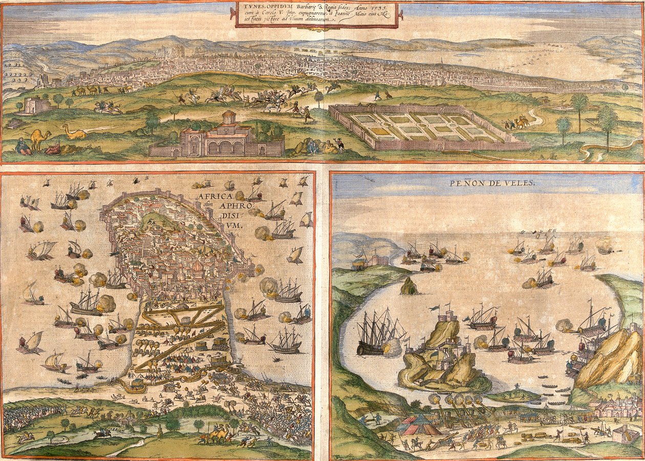Zichten van Tunis (Tunes) en Mahdia (Aphrodisium) in Tunesië, en Penon de Velez de la Gomera of Badis (Bades), betwist tussen Spanje en Marokko door Franz Hogenberg
