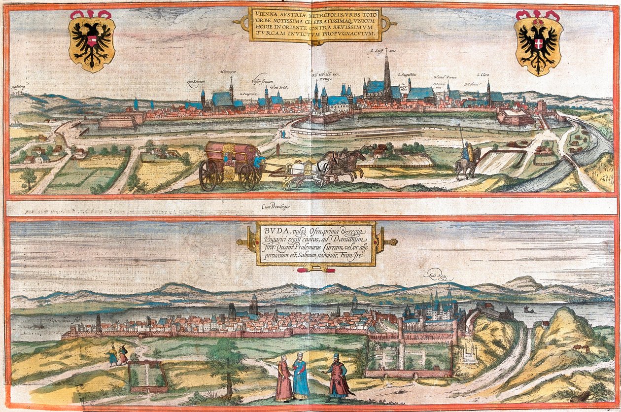 Gezichten van Wenen, Oostenrijk en Boedapest, Hongarije (ets) door Franz Hogenberg