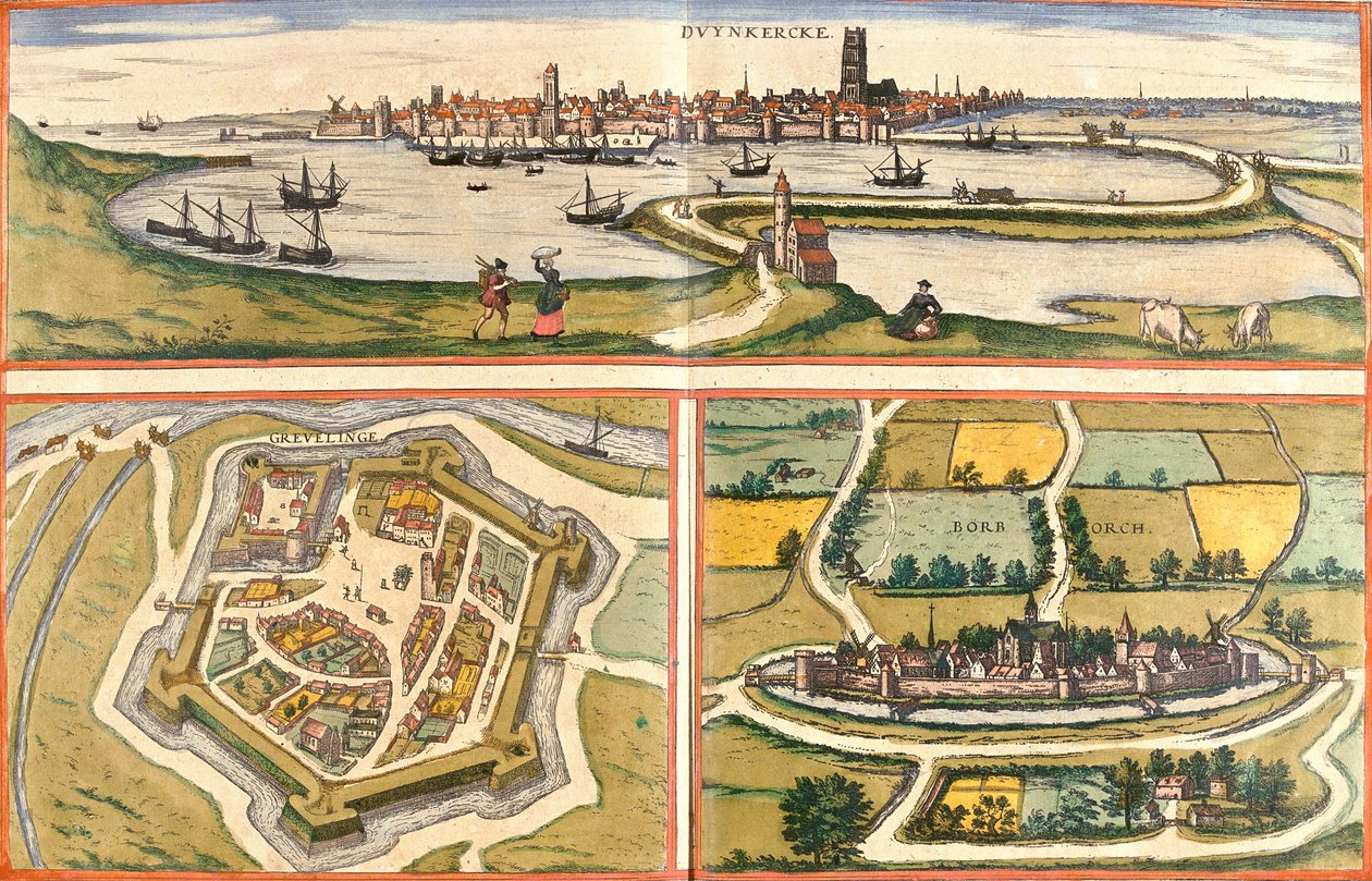 Zichten van Duinkerke (Duynkercke), Gravelines (Grevelinge) en Bourbourg (Borborch), Frankrijk door Franz Hogenberg