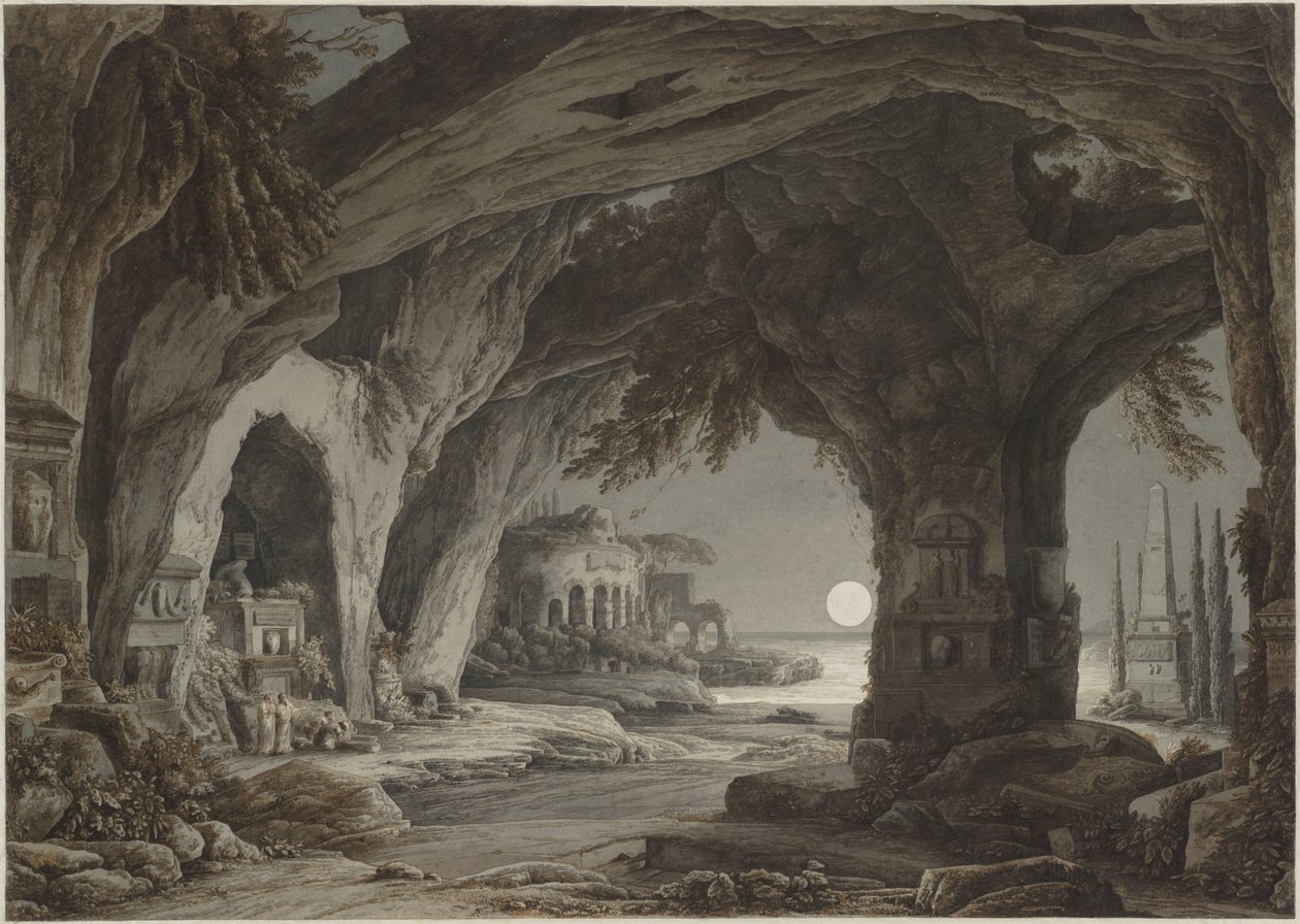 Ideaal landschap met rotsgrot, graven en ruïnes in het maanlicht, ca. 1790 door Franz Innocenz Josef Kobell
