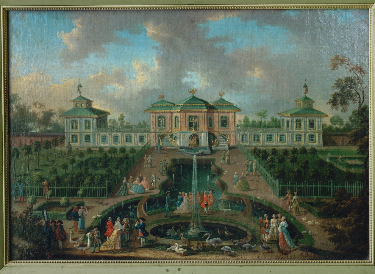 Het hofleven in het park van paleis Augustusburg rond het Indianenhuis, gezien vanuit het westen ... door Franz Jakob Rousseau