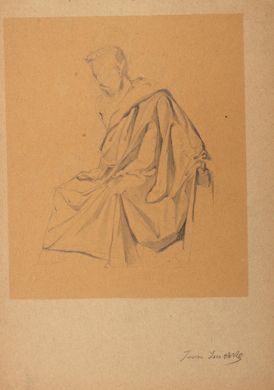 Figurenstudie van een naar links zittende, met een doek beklede man door Franz Jaschke