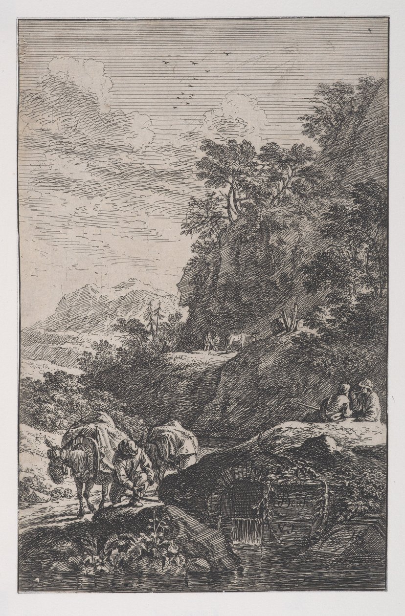 Boer die de hoef van zijn muilezel controleert bij een stroom, ca. 1700-25 door Franz Joachim Beich