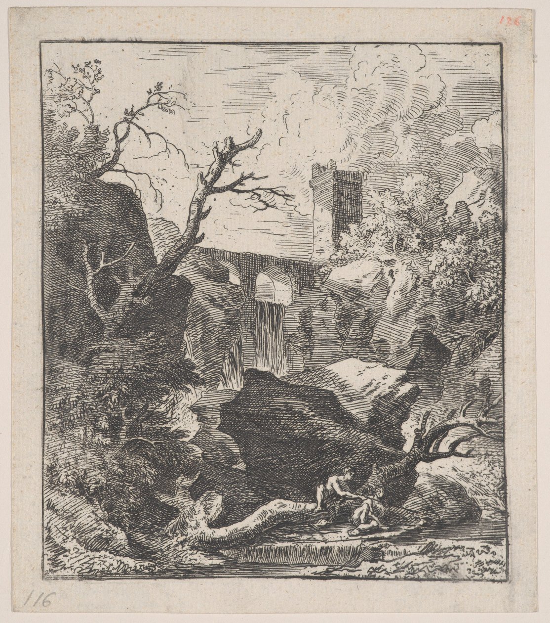 Plaat 2: twee figuren zittend op een boomstam aan de oever van een stroom, ca. 1700-25 door Franz Joachim Beich