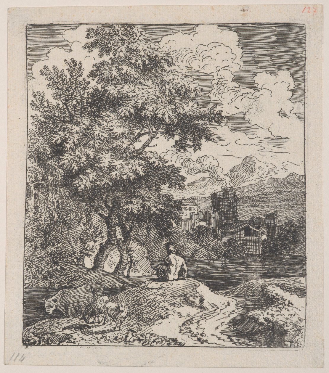 Plaat 3: een herder zittend op een heuvel, een koe en twee schapen links, en een stad rechts, ca. 1700-25 door Franz Joachim Beich