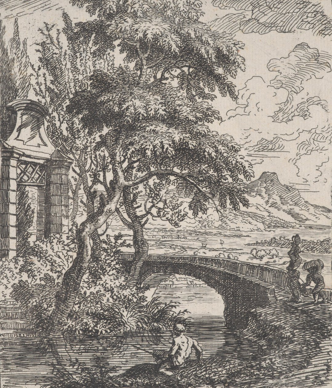 Plaat 7: twee figuren rechts op het punt een stenen brug over te steken, een visser op de voorgrond, ca. 1700-1725 door Franz Joachim Beich