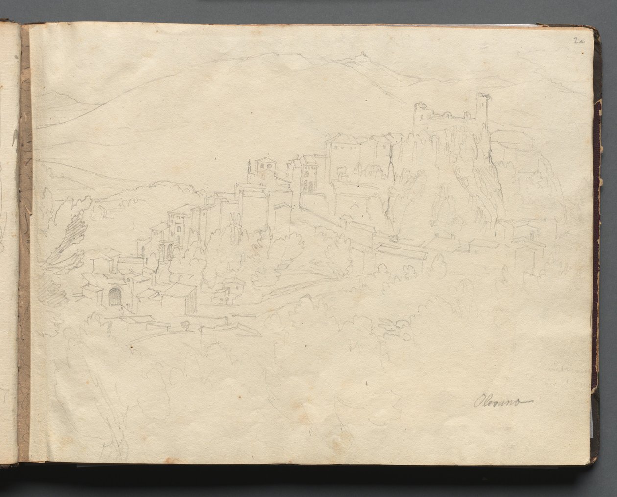 Album met gezichten op Rome en omgeving, landschapsstudies, pagina 02a: "Olevano". door Franz Johann Heinrich Nadorp