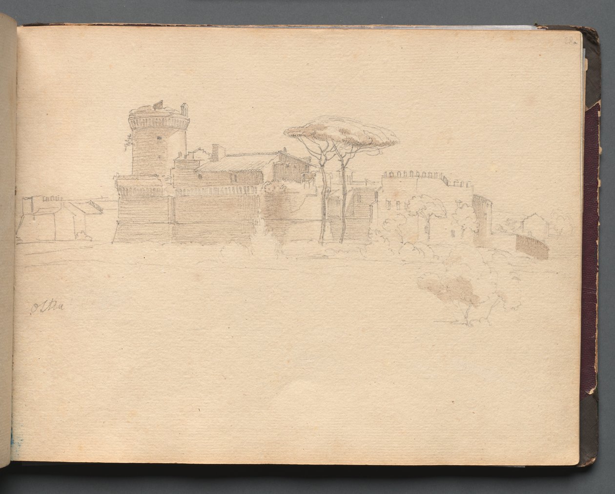 Album met uitzichten van Rome en omgeving, landschapsstudies, pagina 28a: "Ostia" door Franz Johann Heinrich Nadorp