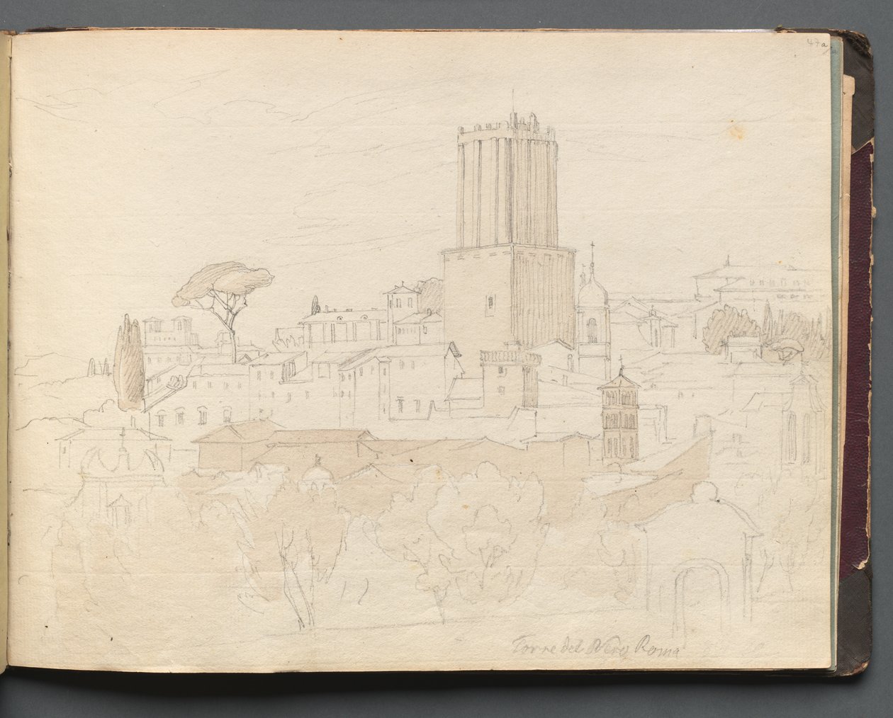 Album met uitzichten van Rome en omgeving, landschapsstudies, pagina 47a: "Torre del Nero, Rome" door Franz Johann Heinrich Nadorp