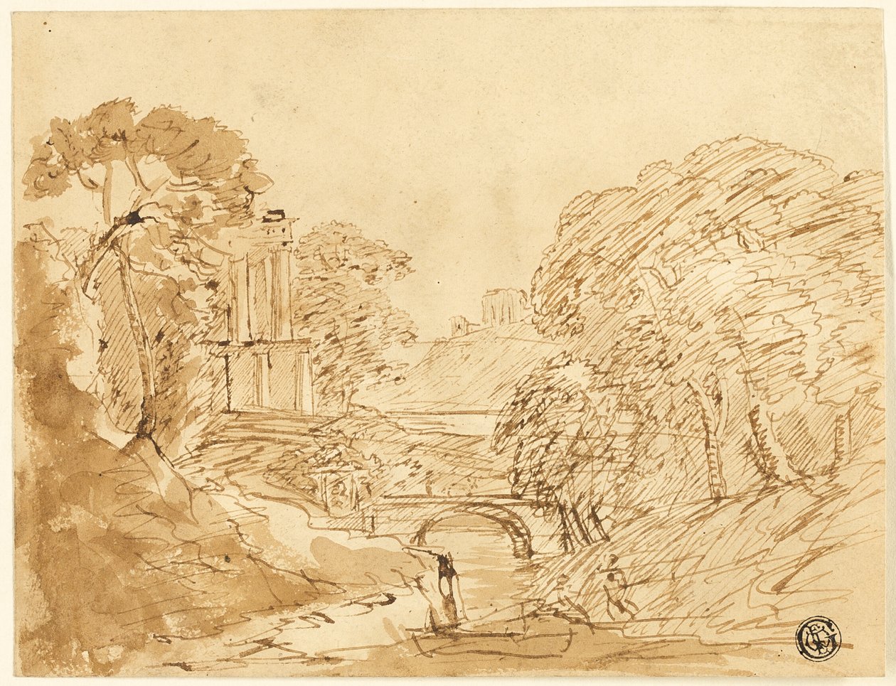 Landschap met brug en ruïnes door Franz Kobell