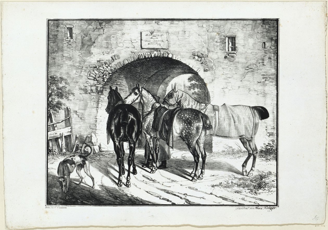 Drie paarden bij de poort door Franz Krüger