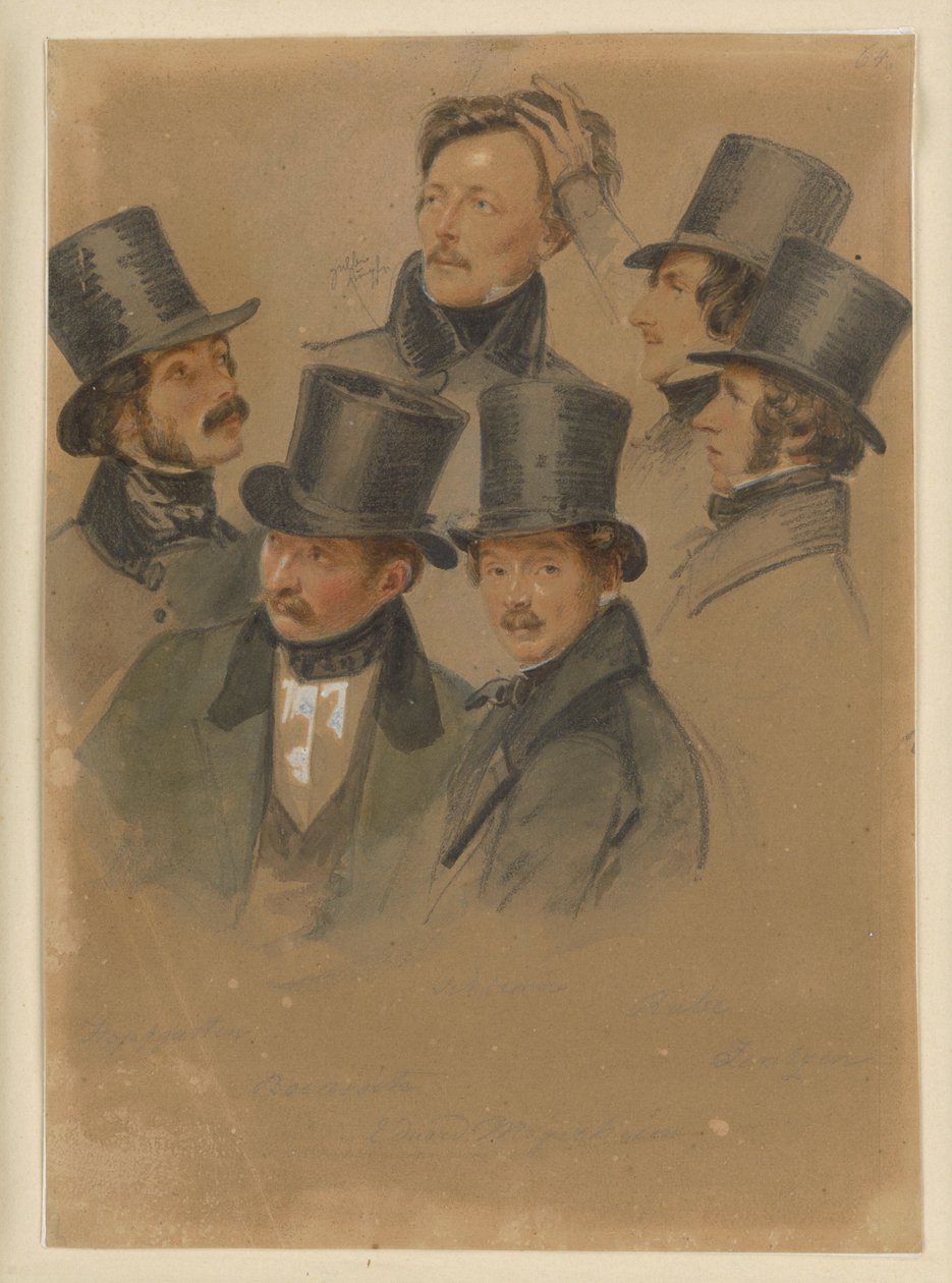 Gustav Boenisch, August Hopfgarten, Friedrich Jentzen, Eduard Meyerheim, Edmund Rabe, Johann Wilhelm Schirmer door Franz Krüger