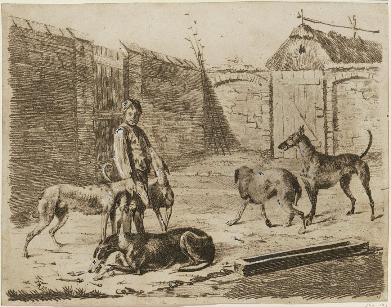 Binnenplaats, met daarop een jongen met honden door Franz Krüger