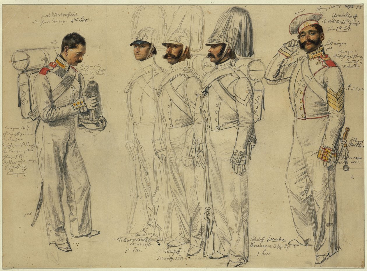 Jacob Kotscheroffskoy, Tschumarinoff Semianoffs, Lumpoff Ismailoff, Sokoloff Feldwebel Gewdokimoff door Franz Krüger