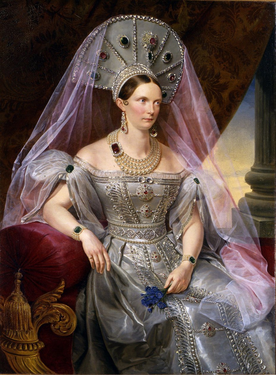 Portret van keizerin Alexandra Fjodorovna Charlotte van Pruisen, in kokoshnik, ca. 1836 door Franz Krüger