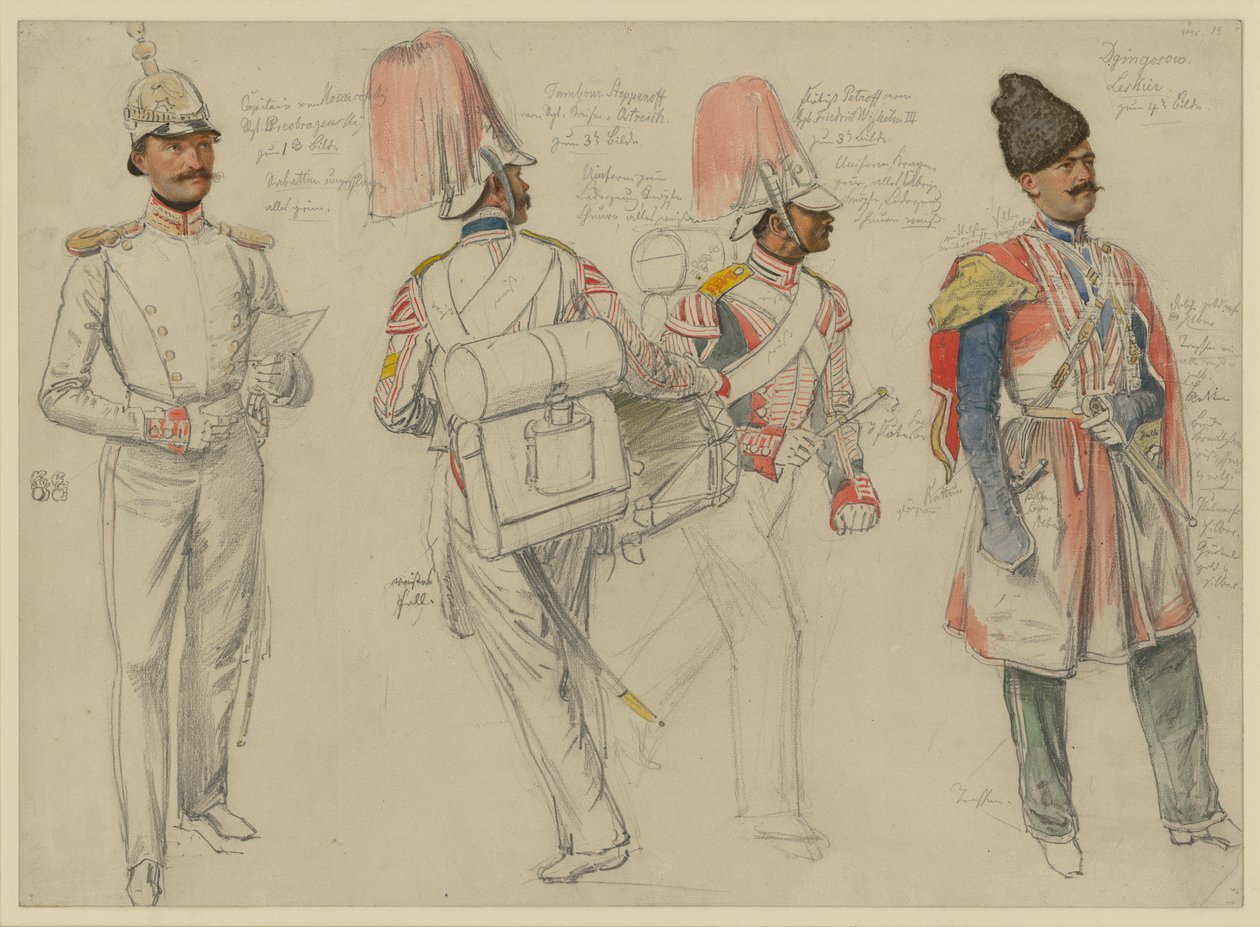 van Kossacowski, kapitein van het Preobraschenski-regiment; Steppanoff, tamboer van het regiment Keizer van Oostenrijk; Petroff, fluitist van het regiment Frederik Willem III; Dgingosow, Leskier door Franz Krüger