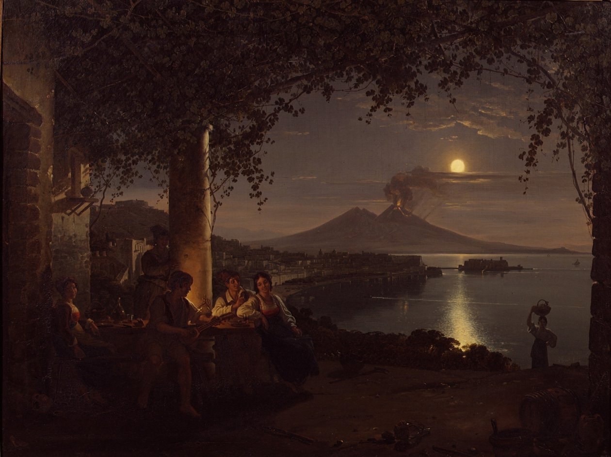 Maanverlichte Zicht op de Baai van Napels door Franz Ludwig Catel
