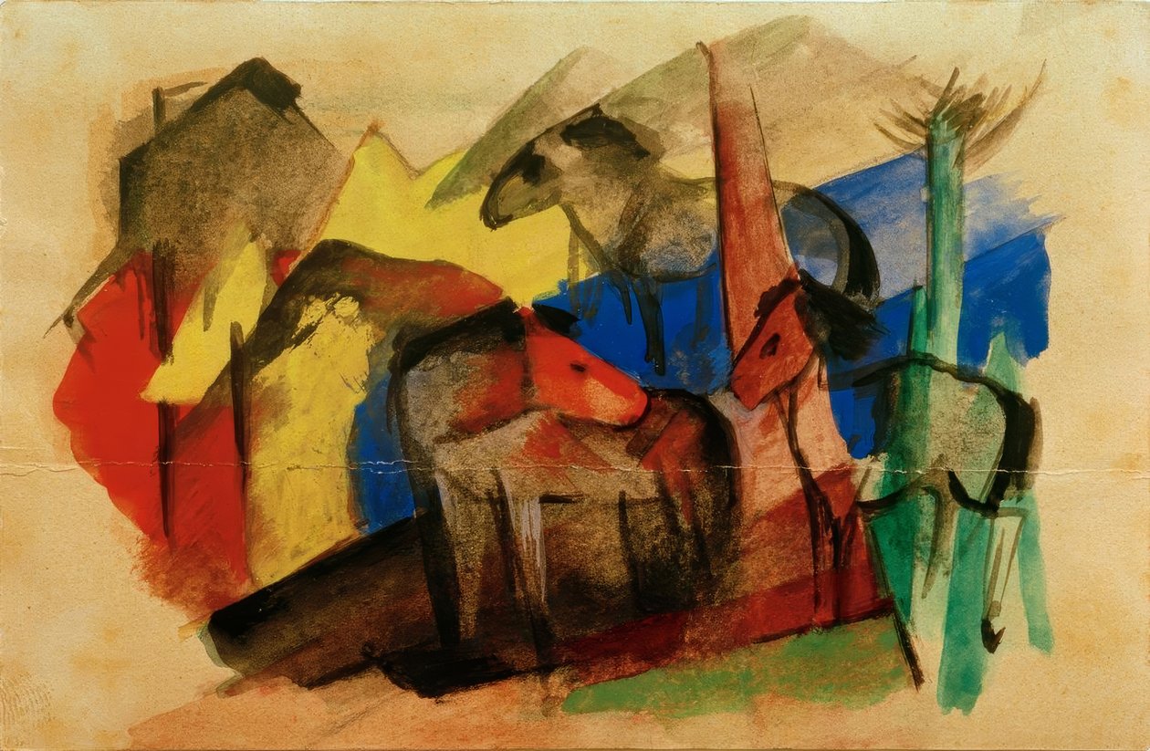 Drie paarden in landschap met huizen door Franz Marc