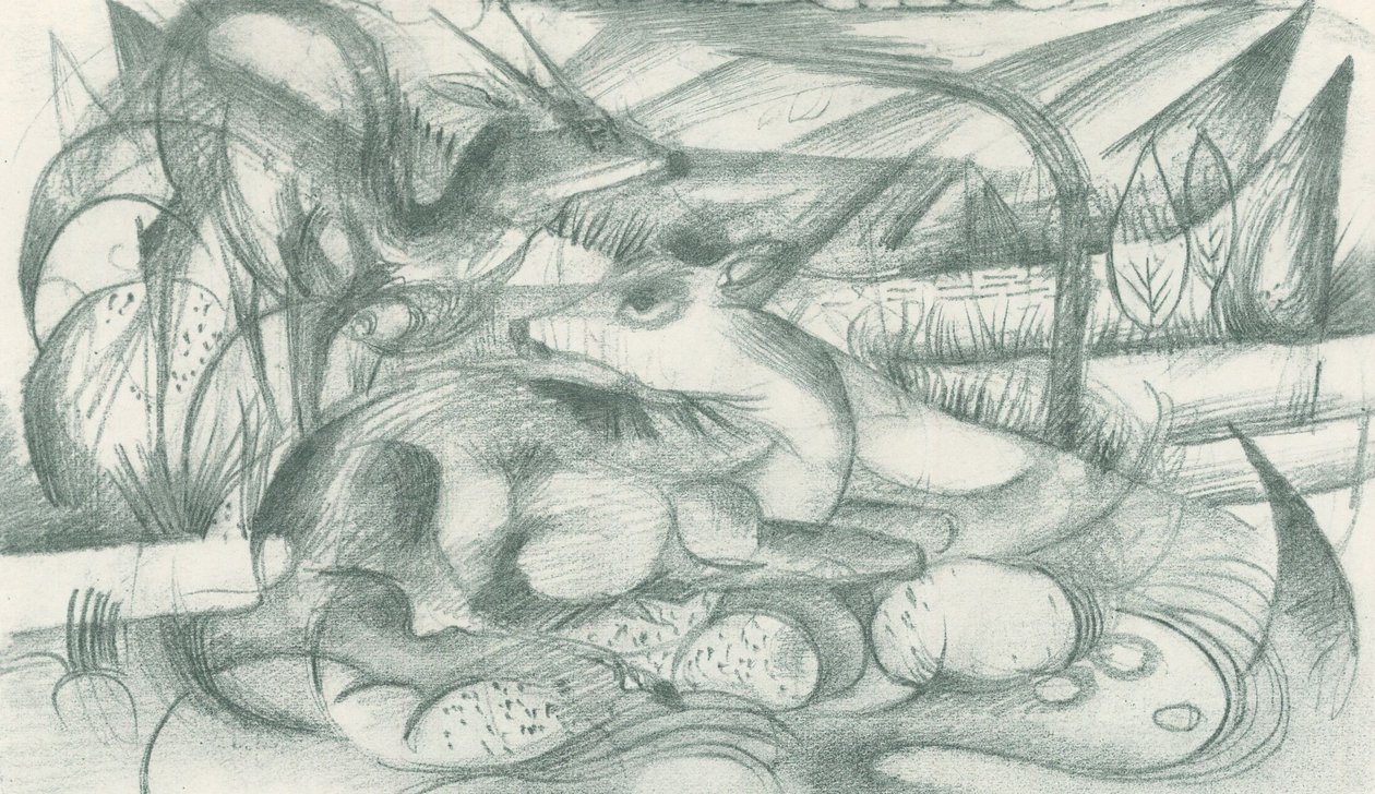 Hert en hinde in een oerlandschap door Franz Marc