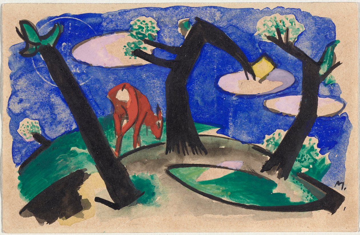 Landschap met rood dier, ansichtkaart van Sindelsdorf aan Alfred Kubin in Wernstein/Zwickledt door Franz Marc